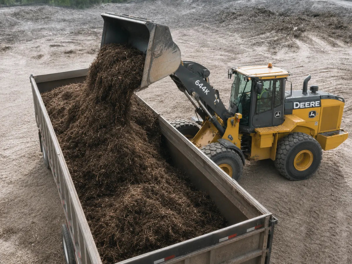 Loader filling a delivery trailer with mulch at Burnet Brush Depot